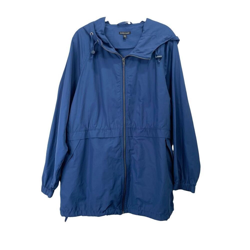 Eileen Fisher zip up Hooded Anorak Size L blue cotton nylon